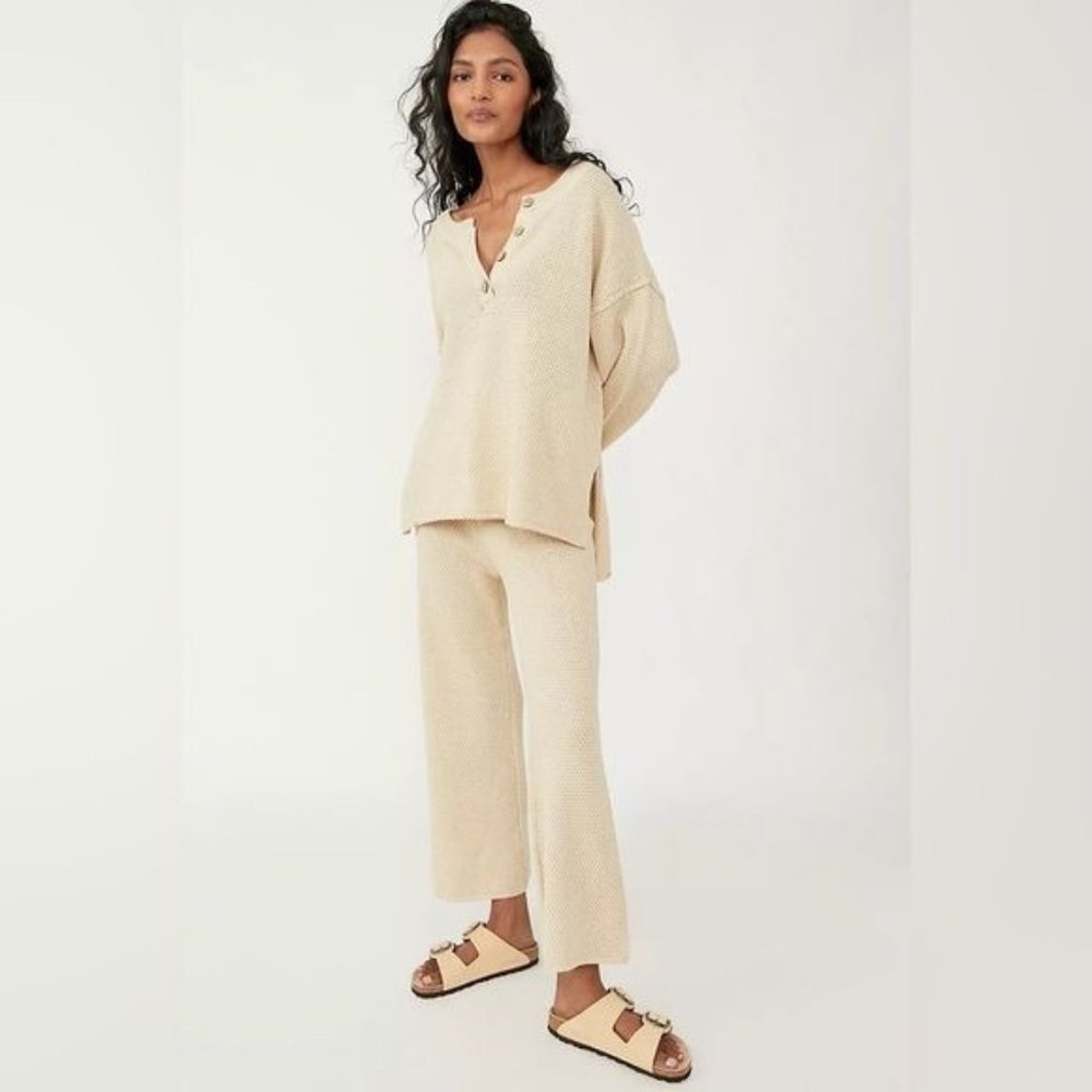 NEW Free People FP Beach Hailee Sweater Top & Pants Set Sand Waffle Knit Size M